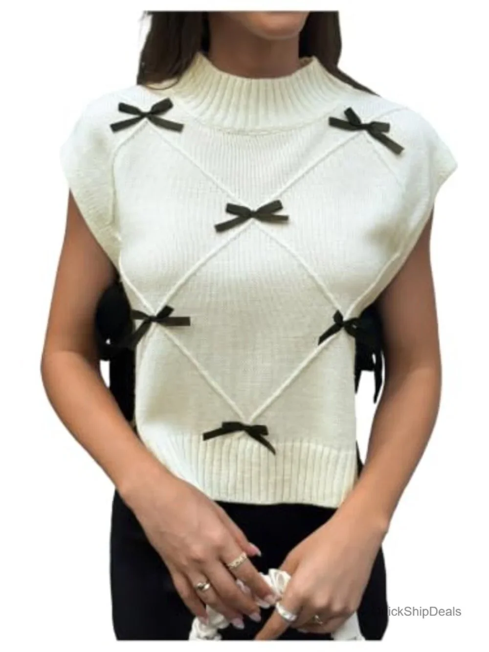 Coquette Bow Tie Argyle Sweater Vest Mock Neck Sleeveless Dressy Layering Top